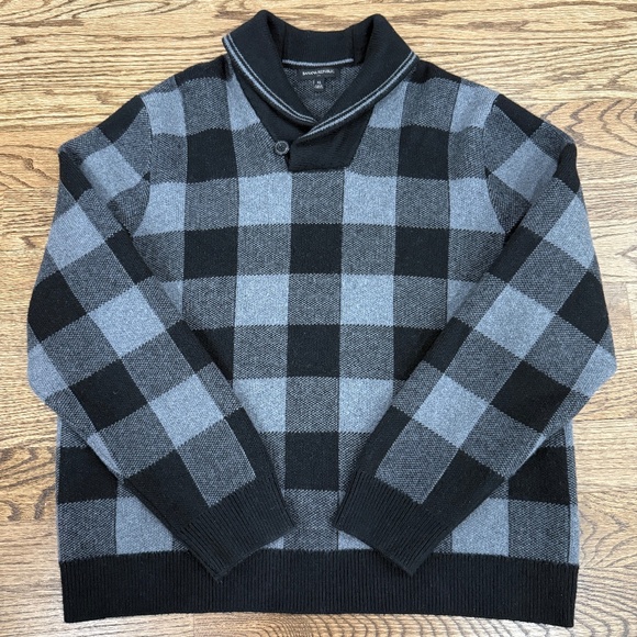 Banana Republic Shawl Collar Pullover Sweater Buffalo Plaid Black Grey Heavy XL - Picture 1 of 7